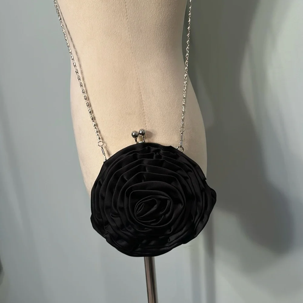 Black satin rosette purse with removable silver chain